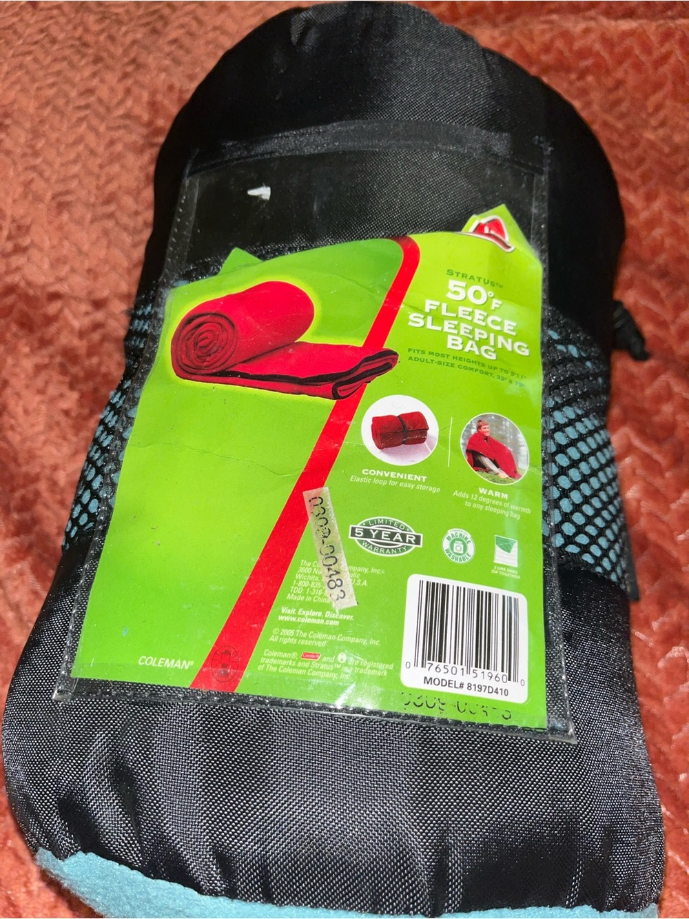 Coleman Black & Teal Fleece Sleeping Bag in Carry Sack
